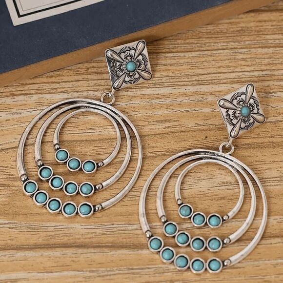 Western Round Geometric Silver Turquoise Dangle Earrings - Picture 2 of 5